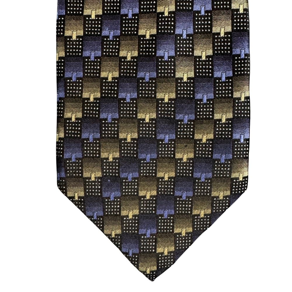 Louis Roth Mens Silk Tie Blue Gold Black Geometric Block Pattern Hand Made 59x4